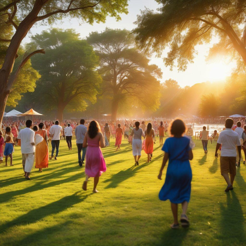 A vibrant community gathering in a lush green park with people of diverse backgrounds joyfully interacting and supporting each other. Include children playing, adults sharing laughter, and colorful banners promoting togetherness. Capture a warm sunset glow that enhances the sense of happiness and connection. super-realistic. vibrant colors. 3D.