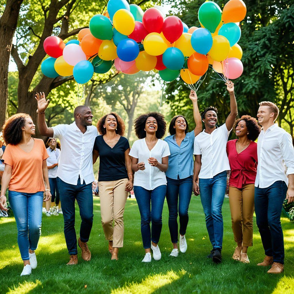 An uplifting scene featuring a diverse group of happy individuals engaged in a supportive community gathering, surrounded by vibrant greenery and colorful decorations. They are sharing smiles and laughter, symbolizing optimism and satisfaction. Include uplifting quotes floating in the air, like 'Together We Thrive' and 'Joy in Unity'. The atmosphere should radiate warmth and positivity. super-realistic. vibrant colors. natural setting.