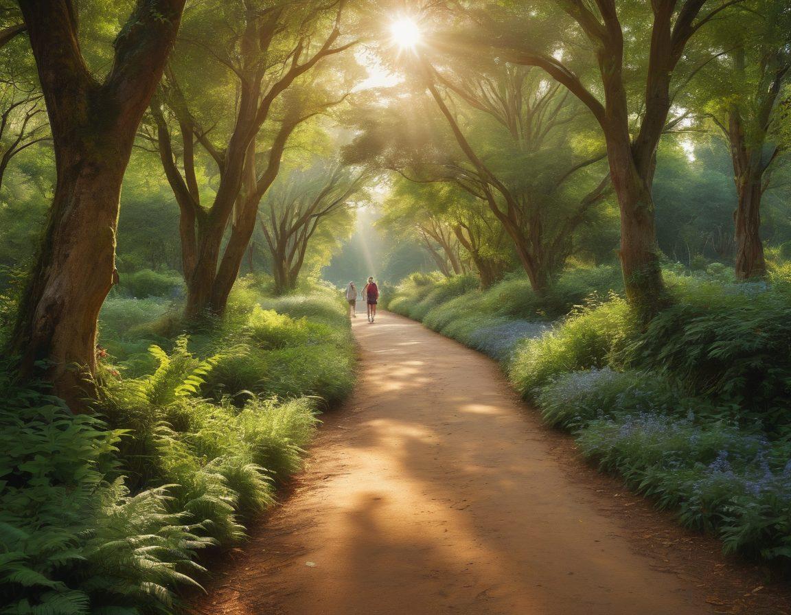 A serene landscape depicting a sunlit path weaving through lush greenery, symbolizing connection and harmony. In the foreground, diverse individuals of different backgrounds joyfully interacting, representing the positive impact of community. Soft, radiant light filtering through trees, enhancing the feeling of blissful living. The overall atmosphere is warm and inviting, exuding a sense of hope and togetherness. vibrant colors. super-realistic.